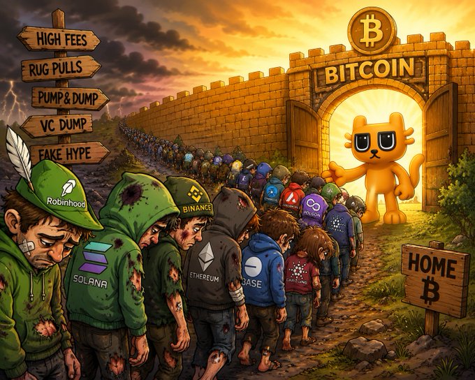 Satirical illustration of battered crypto users (Robinhood, Binance, Solana, Ethereum, Coinbase, Cardano) marching toward a 'Bitcoin' castle gate, with warning signs reading 'HIGH FEES', 'RUG PULLS', 'PUMP & DUMP', 'VC DUMP', and 'FAKE HYPE'.