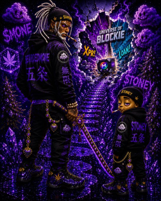 Digital artwork titled 'Universe of Blockie' features two figures in black streetwear with '$MONE', '五条' (Gojo), and '$TONEY' branding in a purple crystal landscape.