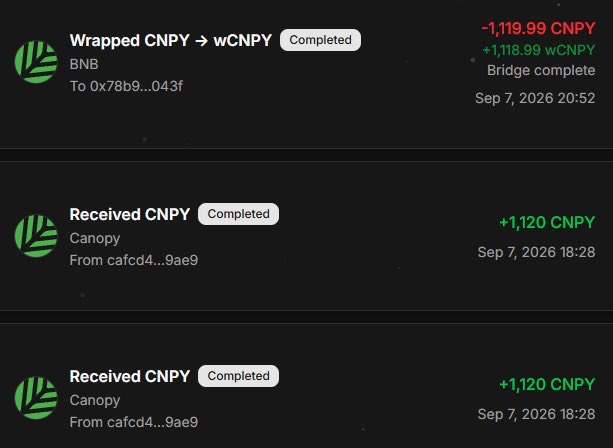 A cryptocurrency transaction history screenshot showing completed BNB transactions involving wrapped CNPY tokens, with entries showing 'Wrapped CNPY → wCNPY', 'Received CNPY', and amounts of +1,120 CNPY dated Sep 7, 2026.