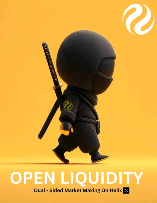 A promotional graphic for "OPEN LIQUIDITY" featuring a ninja holding a sword against a yellow background, advertising "Dual-Sided Market Making On Helix".