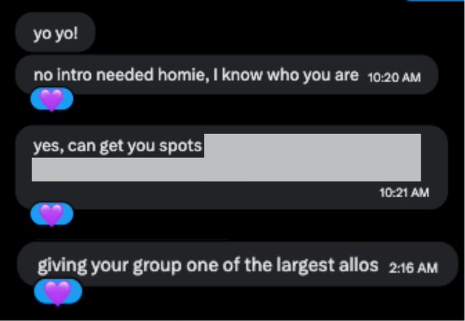 A screenshot of a text message conversation showing messages like 'yo yo!', 'no intro needed homie, I know who you are', 'yes, can get you spots', and 'giving your group one of the largest allos' with purple heart emojis.