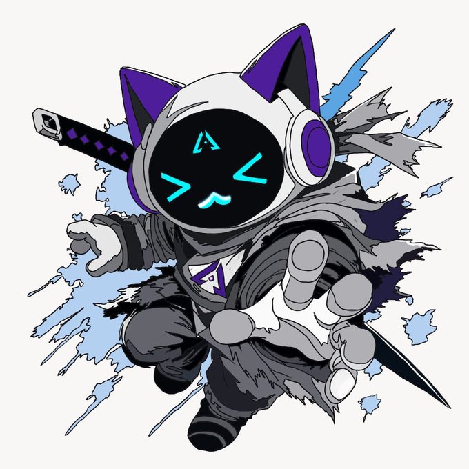 An illustration of a cartoon-style ninja-like character with purple cat ears, a digital screen face showing blue emoticon-style eyes and mouth, holding a katana sword and reaching forward with one hand, surrounded by blue energy bursts.