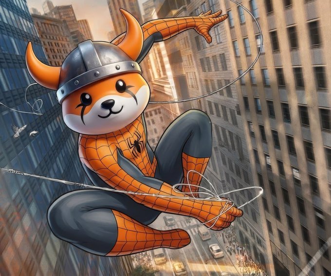 An illustrated orange dog-like character wearing a viking helmet and a Spider-Man costume swings on webs between tall city skyscrapers.