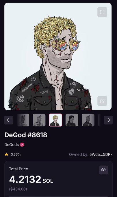 The image shows a NFT marketplace listing for DeGod #8618, priced at 4.2132 SOL ($434.68), featuring a digital illustration of a blonde-haired character wearing round glasses and a distressed black jacket adorned with various patches and logos. The post humorously justifies buying the NFT by referencing its high value ("over 10 mil") as a creative excuse to avoid spousal disapproval.