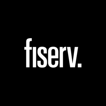 The image displays the Fiserv logo in white lowercase text on a black background, representing the fintech company launching its new digital asset platform on Solana with the Bank of North Dakota's Roughrider Coin.
