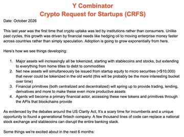 A document titled “Y Combinator Crypto Request for Startups (CRFS)” dated October 2026 describes crypto-related startup ideas, including stablecoins, micro securities, financial primitives, and tokenized funds for the US Clarity Act.