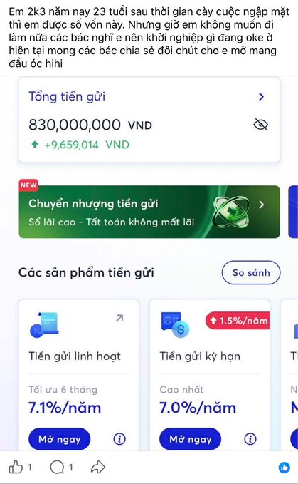 A Vietnamese-language banking or finance app screenshot showing a total deposit of 830,000,000 VND with interest rates of 7.1%/year for flexible savings and 7.0%/year for fixed-term savings.