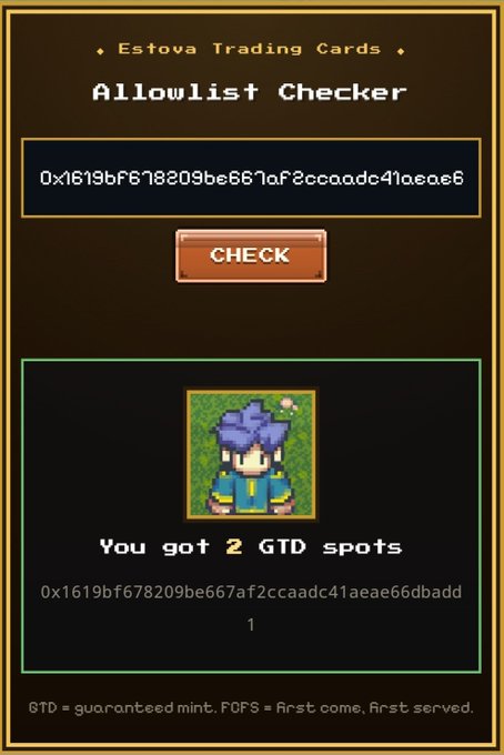 A web interface titled "Estova Trading Cards" featuring an "Allowlist Checker" tool; it displays the input address "0x1619bf678209be667af2ccaadc41aeae6" and the result "You got 2 GTD spots" alongside an image of a purple-haired pixel art character.