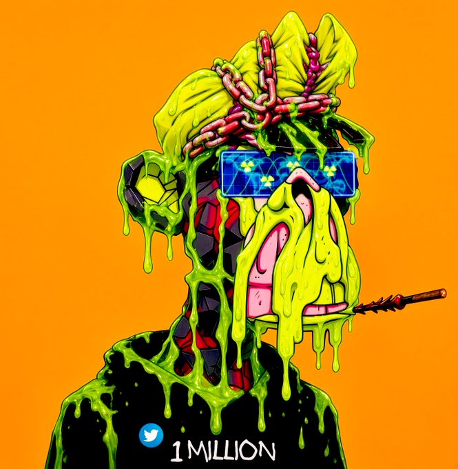 A cartoon illustration of a zombie-like character wearing pixelated sunglasses and chains, with '1 MILLION' and a Twitter logo at the bottom.