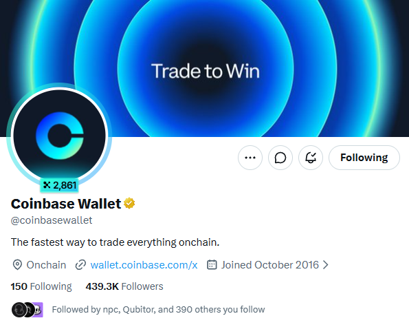 The image shows the Coinbase Wallet X (formerly Twitter) profile, featuring their circular blue logo, 2,861 link clicks, 439.3K followers, and a "Trade to Win" banner, with the account description reading "The fastest way to trade everything onchain." This aligns with the post about Base App rebranding to Coinbase Wallet, reflecting the platform's refreshed identity and continued focus on onchain trading.