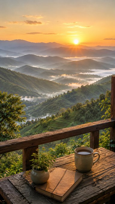 A peaceful landscape view from a wooden deck with a coffee cup and small potted plant, overlooking misty green mountains at sunrise.