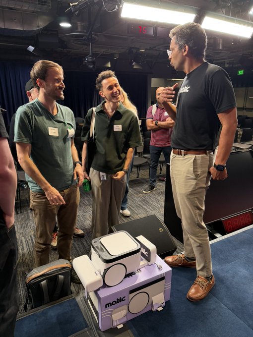 The post highlights a Matic robot being a must-have at SF events, drawing guest attention. The image shows attendees gathered around and engaging with the Matic robot during an event.
