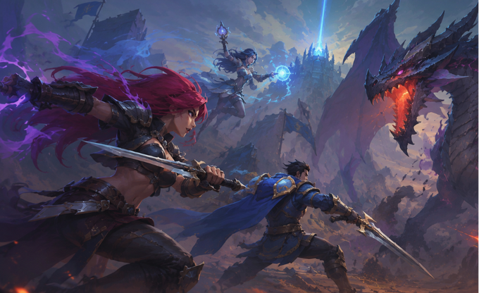 A fantasy digital illustration shows warriors battling a large dragon, featuring a red-haired female warrior with a sword and a male warrior with a spear facing the dragon's glowing maw.