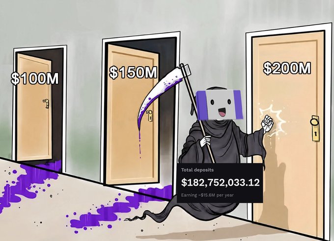 A cartoon illustration depicts a grim reaper figure standing in front of three doors labeled '$100M', '$150M', and '$200M'. An overlay shows 'Total deposits $182,752,033.12' and 'Earning: ~$15.6M per year'.