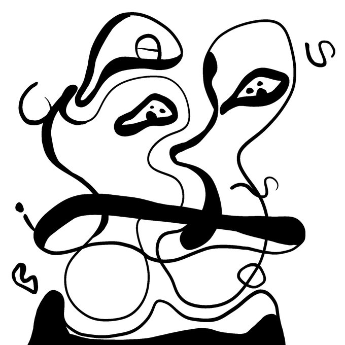 An abstract black-and-white line drawing of a face with two large, almond-shaped eyes and flowing, surreal features.