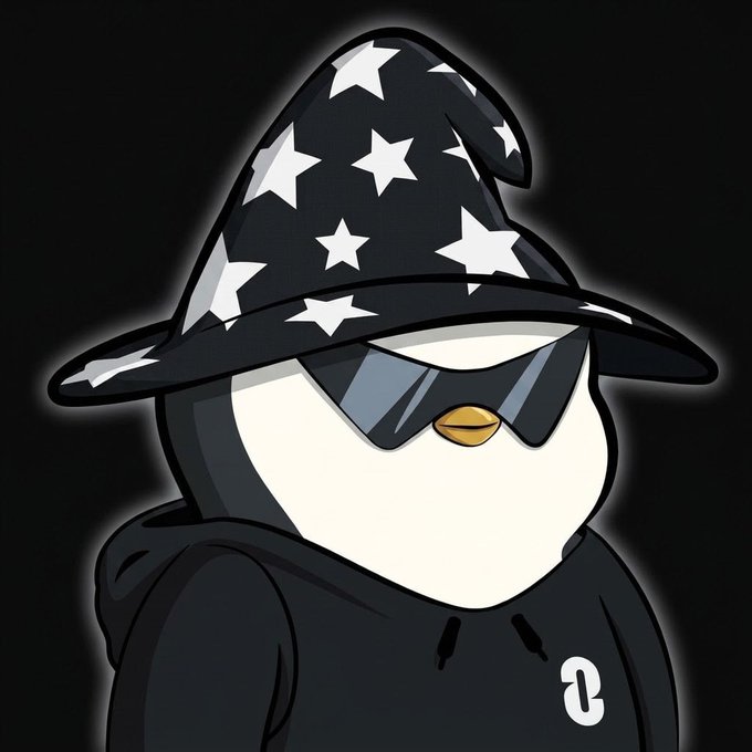 A cartoon penguin wearing a black star-patterned wizard hat and sunglasses, dressed in a black hoodie featuring the number "2" on the chest. The image relates to the post by showcasing the penguin mascot associated with the $PENGU token, while the "2" subtly references LayerZero, the cross-chain protocol powering the token's availability on Robinhood.