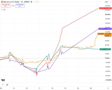 A TradingView chart titled 'Bitcoin / U.S. Dollar - 1h - INDEX' showing Bitcoin's price action over several days, with an INDEX value of 65,906.83 and notable price swings between -16% and +24%.