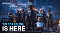 The image is a promotional graphic for "TELEGRAM XP IS HERE," featuring a group of diverse people standing together while holding glowing lanterns, with floating XP points and usernames (such as h1t03, t4wdu, b2_13, tat3, and t34_002) displayed above them, set against a starry night sky with the Wanchain logo in the corner—visually reinforcing the post's announcement that community members contributing to the Wanchain ecosystem can now earn XP rewards through Telegram engagement.