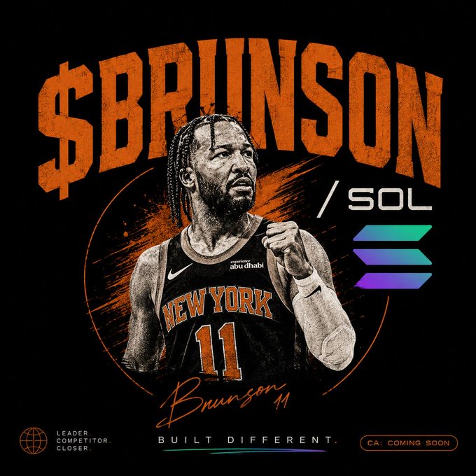 The image features a basketball player wearing an orange jersey with the number 11, standing against a black background. The text "SOL" is written above him, indicating that he is a member of the NBA's "Solana" team. The image also includes a logo for E3BCMMLuqCjg4Bmdp5a9siVCP6QVdmbxPUxhyRpRtXZ7 #Crypto #Memecoin #Bullish".