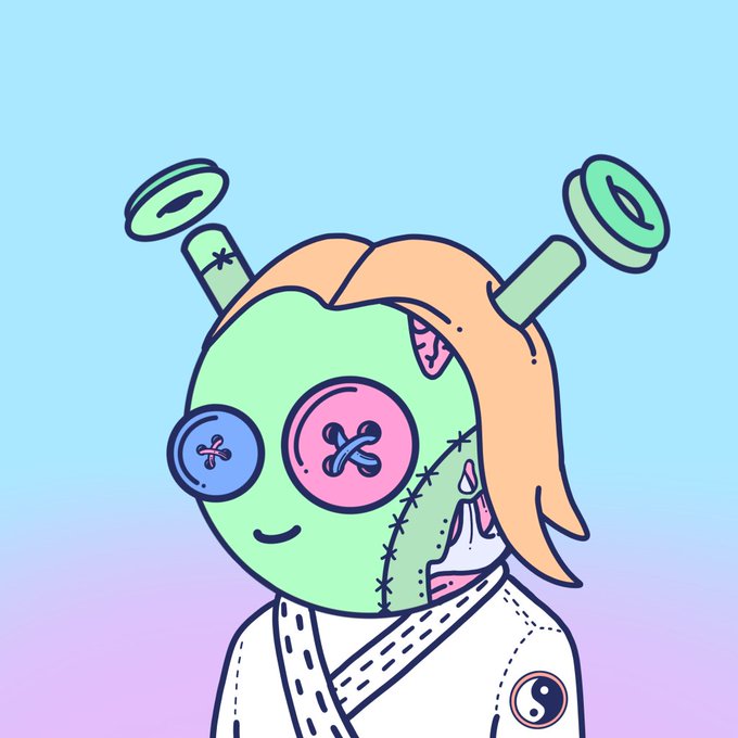 A cartoon illustration of a character with a green button-eyed face, stitched features, antennae, and orange hair, wearing a white robe with a yin-yang symbol.