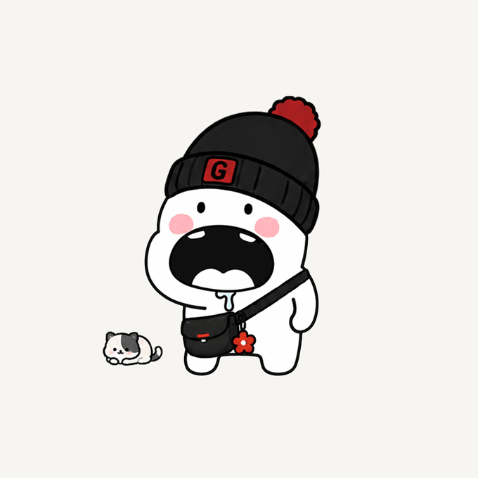 An illustration of a cute white cartoon character wearing a black beanie with a red pom-pom and a red 'G' patch, with a small white and gray cat beside it.