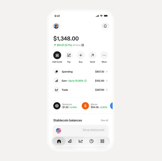 A mobile app screenshot displays a financial portfolio balance of '$1,348.00' with spending, earning, and trade breakdowns, along with Worldcoin and Bitcoin holdings.