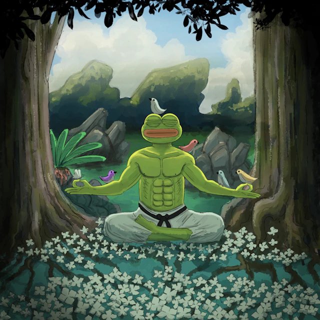 An illustrated muscular Pepe the Frog meditates in a lotus pose within a forest clearing, surrounded by small colorful birds and white flowers on the ground.