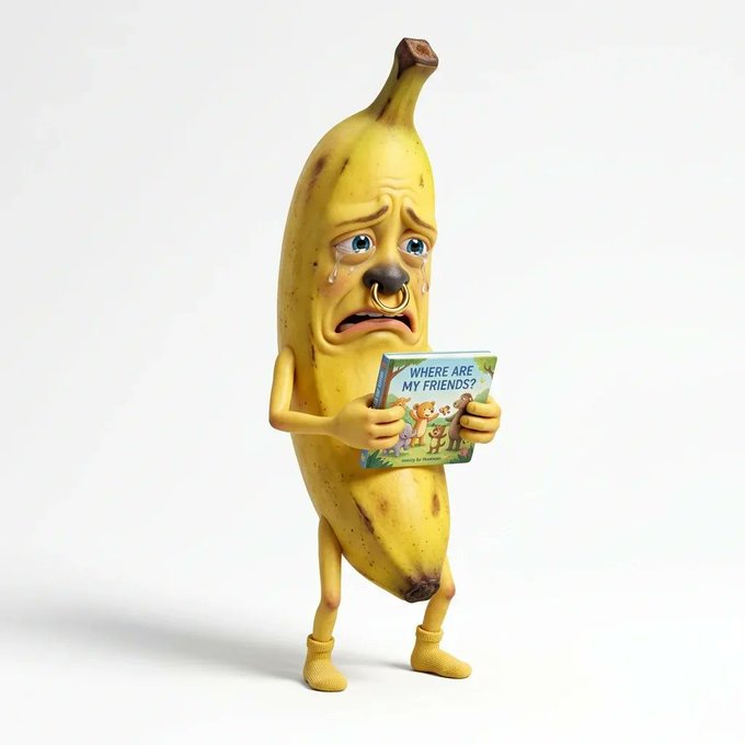 The image features a banana-shaped toy that appears to be sad, with a small booklet or book placed in its left hand as if it were reading a story. The toy has a sad facial expression and is wearing socks. The background of the image has white text, which says "BRAINROT #5850 sold for 0.111 ETH". This text refers to an item that was initially posted on eBay (eBay) but had to be removed due to low auction interest. It appears this banana-themed toy and its accompanying booklet might have been a part of the item's listing, but it is now up for sale or being donated.