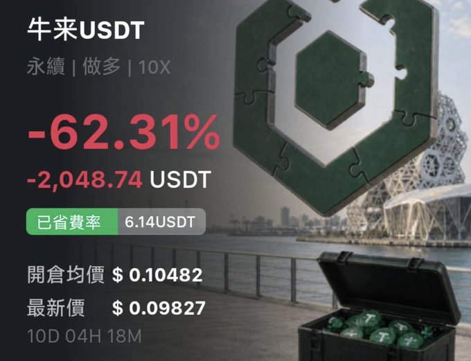 A cryptocurrency trading dashboard showing a loss of -62.31% (-2,048.74 USDT) on a perpetual contract with a green 3D hexagonal logo, indicating a fee saved rate of 6.14 USDT.