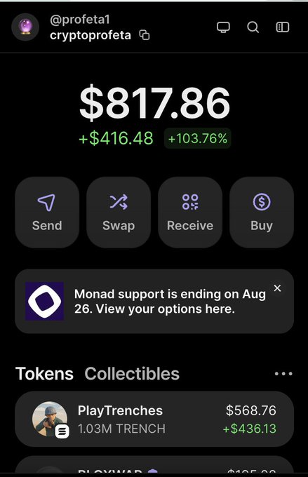 A screenshot of a crypto wallet (username "cryptoprofeta1") showing a balance of $817.86 with +$416.48 (+103.76%) gains, displaying tokens like PlayTrenches (TRENCH) worth $568.76. The image supports the post's claim of reporting gains, though the visible $817.86 balance is modest rather than the $100k mentioned in the caption.