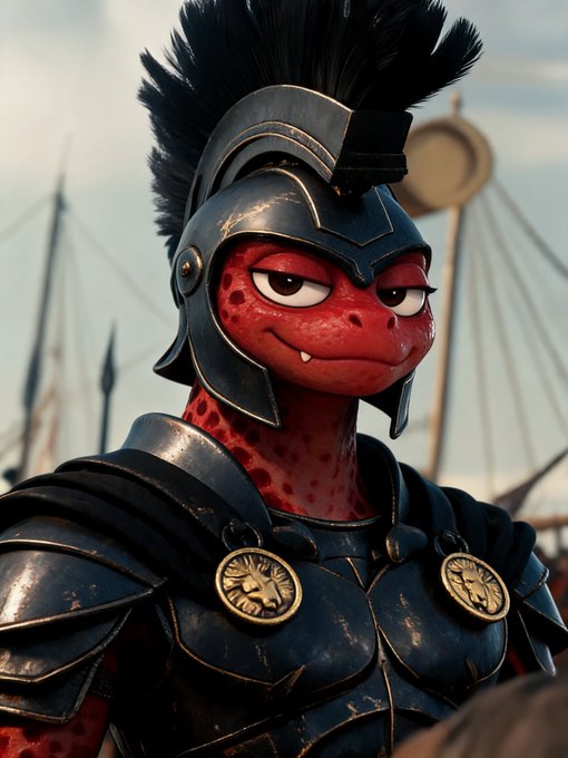 A 3D rendered image of a red reptilian humanoid warrior wearing dark armor and a black plumed Roman-style helmet, with golden lion medallions on the chest.
