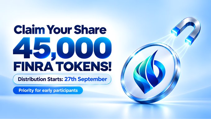 A promotional graphic advertises 'Claim Your Share 45,000 FINRA TOKENS!' with distribution starting on '27th September' and priority given to early participants, featuring a stylized metallic token with a flame-like logo.
