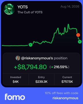 A mobile trading app screenshot from Fomo displays a portfolio gain of +$8,794.80 (▲ 216.59%) on a $4K investment in YOTS ("The Cult of YOTS") as of Aug 14, 2026, with the entry value shown at $239.3K and current value at $757.5K, illustrating a successful trade likely made through one of the platforms mentioned in the post.