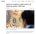 A woman with a Bitcoin (₿) logo overlaid in front of her face, alongside a headline reading "Japan to recognize cryptocurrency as 'financial assets,' Nikkei says," visually illustrates the post's point about Japan's regulatory shift toward classifying crypto like XRP as financial instruments.