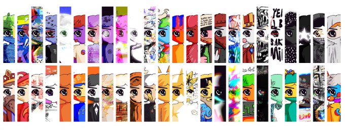 A grid of 50 NFT-style portraits featuring stylized, anime-inspired characters in vibrant colors, with one piece displaying the text "YEI -HAVE- EAT YO" in the top row, reflecting the eclectic and diverse art style of the "LOST APOSTLES" collection of omitted digital artworks now given their own dedicated series.