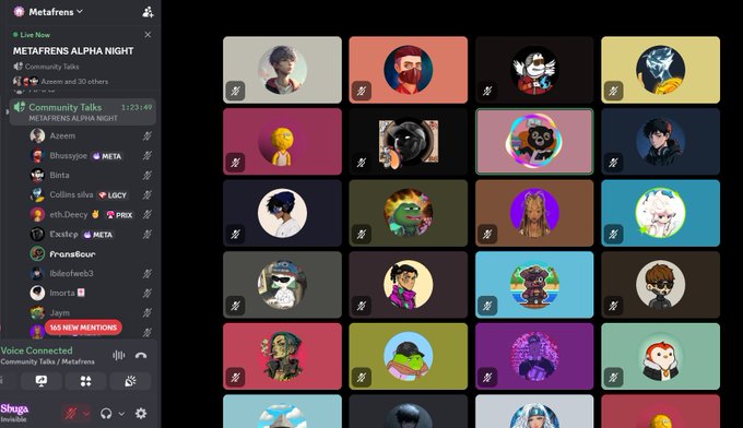 A Discord community server named "Metafrens" with a "Live Now" channel "METAFRENS ALPHA NIGHT" shows approximately 20 colorful user avatars arranged in a grid, alongside a sidebar listing participants including "Aseem," "Bhussjoe," "Bieta," "Collins olive," "eth.Deecy," and "Exeter," all tuning into the Friday night hangout.