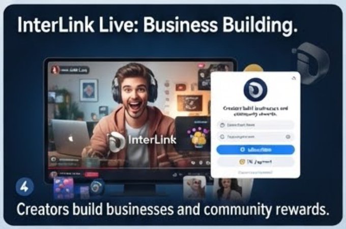 A promotional graphic for 'InterLink Live: Business Building' featuring a streamer with headphones on a laptop screen, with text stating 'Creators build businesses and community rewards.'