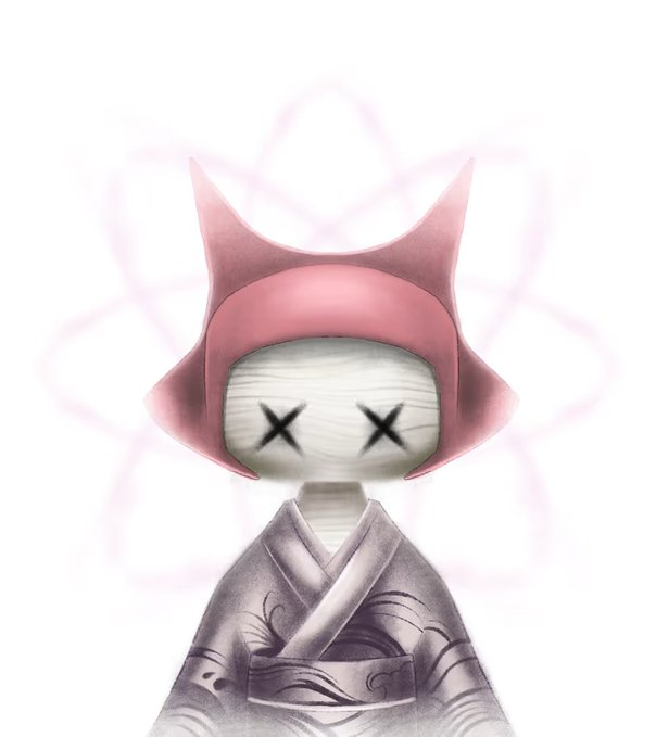 A stylized illustration of a figure in traditional Japanese attire with a pink hood, X-marked eyes on a bandaged face, and a faint lotus pattern in the background.