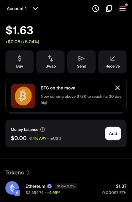 Cryptocurrency wallet app showing 'Account 1' with $1.63 balance, a Bitcoin alert ('BTC on the move' surging above $72K), and 0.00057 ETH tokens.