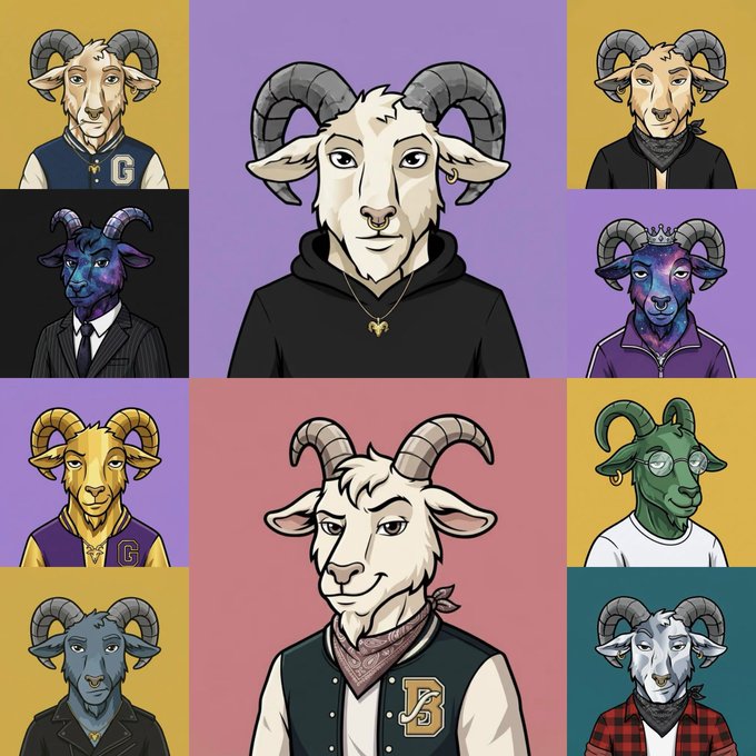 A grid of nine cartoon illustrations depicts anthropomorphic goats and rams with horns wearing various clothing like varsity jackets, hoodies, and suits.