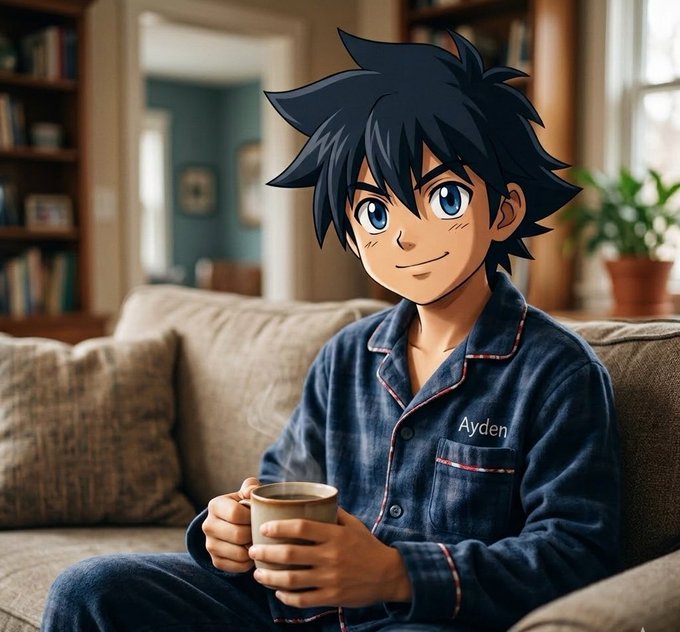 The image features a young man wearing pajamas sitting on a couch with his legs crossed while holding a cup of coffee. The background includes a bookshelf filled with various items, suggesting that he might be spending time at home or in a cozy living space. The presence of the coffee and the comfortable setting indicate that this could be a morning scene where the man is enjoying some downtime before starting his day.