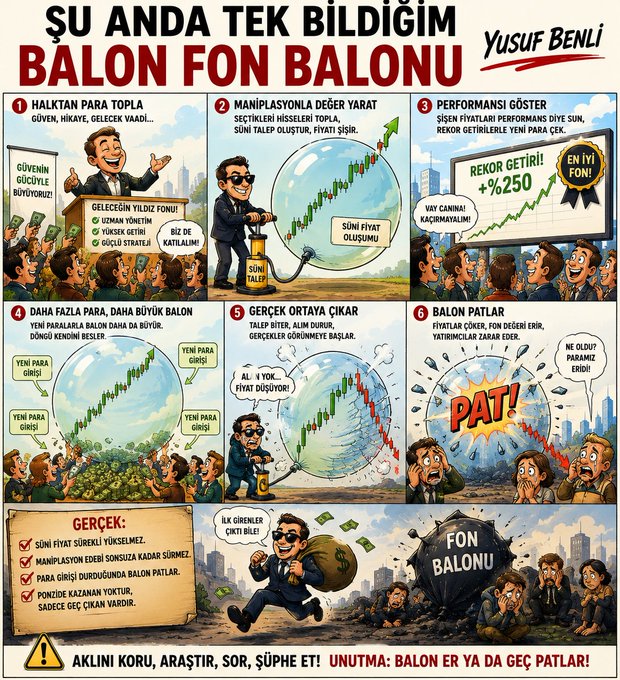 A Turkish cartoon poster titled 'ŞU ANDA TEK BİLDİĞİM: BALON FON BALONU' by Yusuf Benli, illustrating a 6-step lifecycle of an investment fund balloon inflating and eventually popping, ending with a warning to protect your mind and not forget 'baloons burst early or late.'