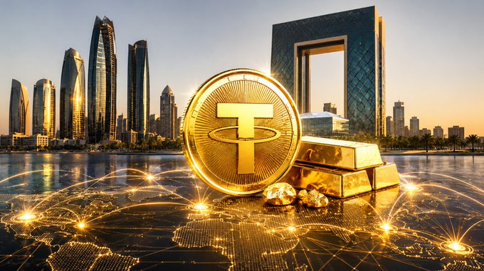 Digital artwork showing a large gold Tether (USDT) coin alongside gold bars, set against a futuristic cityscape at sunset with a glowing digital map on the ground.