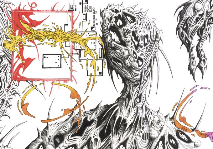 The image features a highly detailed black ink illustration of a monstrous, biomechanical creature with sharp teeth and spiky protrusions, accented with vibrant splashes of red, yellow, and orange ink.

This artwork is being offered as part of a limited 6.6 XRP NFT collection on @xrpcafe, with 5 editions available for collectors to purchase.