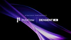 A promotional graphic with purple flowing lights for 'PolyFlow' announcing a 'Strategic Partnership' with 'DEAGENT AI'.