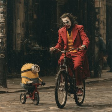 A dark, atmospheric scene showing the Joker character in a red suit riding a bicycle alongside a Minion on a tricycle on a rainy city street.
