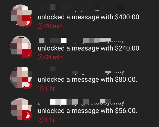 A screenshot displays several locked message unlock notifications, showing users unlocking messages with payments of $400.00, $240.00, $80.00, and $56.00 at various timestamps.