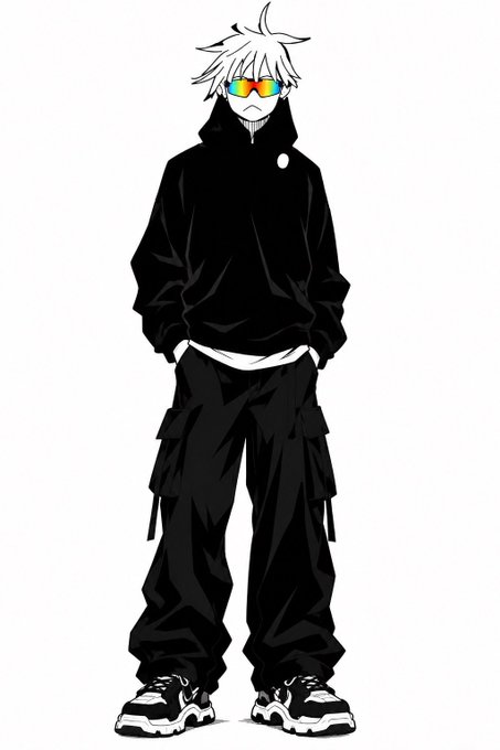 An anime-style illustration of a character with white hair, rainbow-lensed sunglasses, a black hoodie, black cargo pants, and chunky black sneakers on a white background.