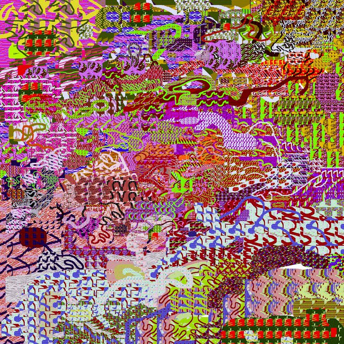 The image features a large, abstract painting with various colors and patterns that appear to be randomly splattered across the canvas. The artwork has an unconventional style, resembling a collage or a digital art piece rather than a traditional painting. The artist's signature is not visible in the image. The post appears to be about the artwork, but it does not provide any specific details about the artist or the artwork itself.

The text "two times the internet superrare.com/artwork/eth/0x …" suggests that this artwork might have been created by a digital artist who has used their skills and creativity to produce an unusual piece of art, possibly inspired by the internet or other online sources. The post's title "eth" could be related to the artist's name or the medium they use for creating their work.