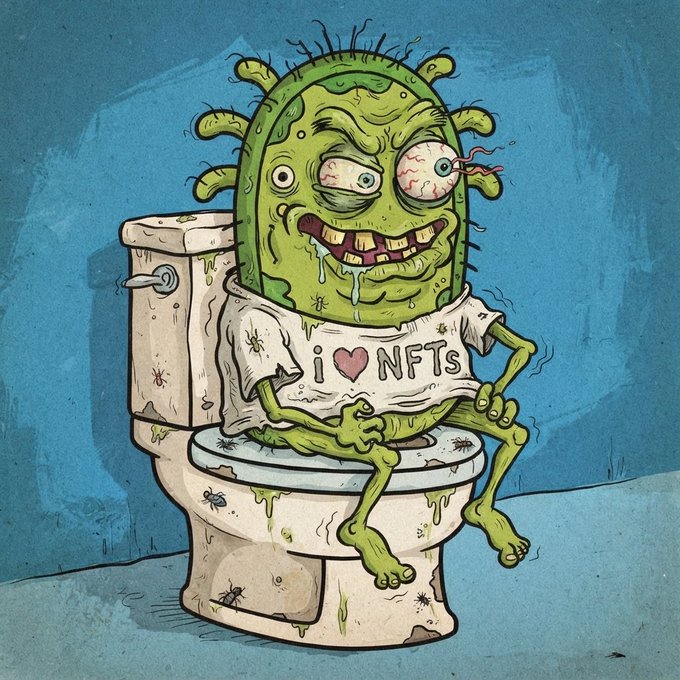 A cartoon illustration of a grotesque, green, multi-eyed monster with drool dripping from its mouth sitting on a dirty toilet, wearing a t-shirt that reads 'I ❤ NFTs'.
